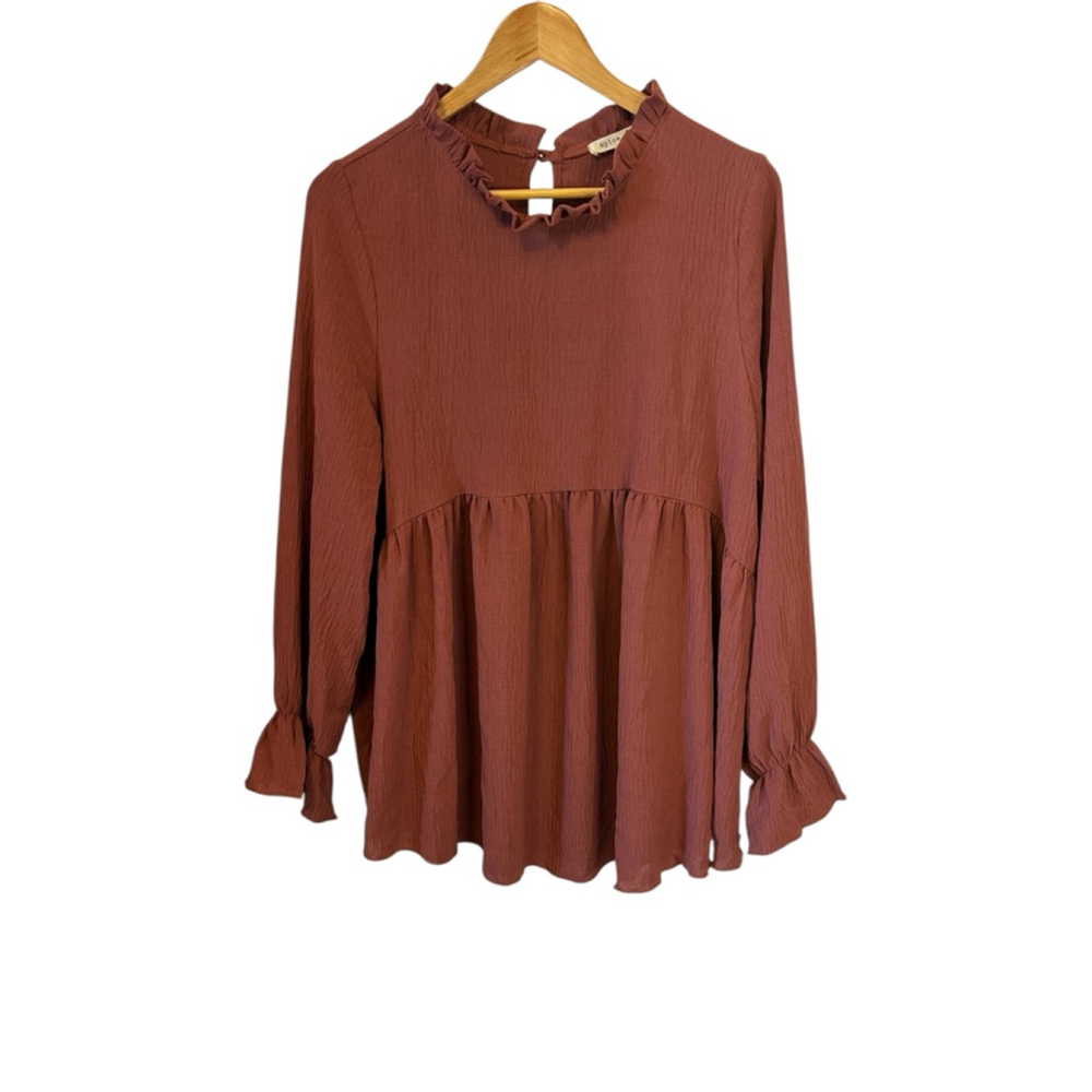 Women's Spice Rose Rust Long Sleeve Blouse High Neck Top Shirt L